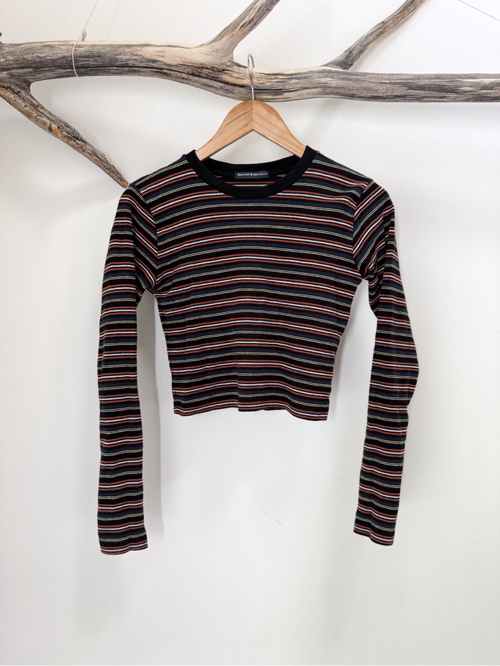Brandy Melville | Santana Long Sleeve Striped Crop Top Tee Black Navy Small GUC
